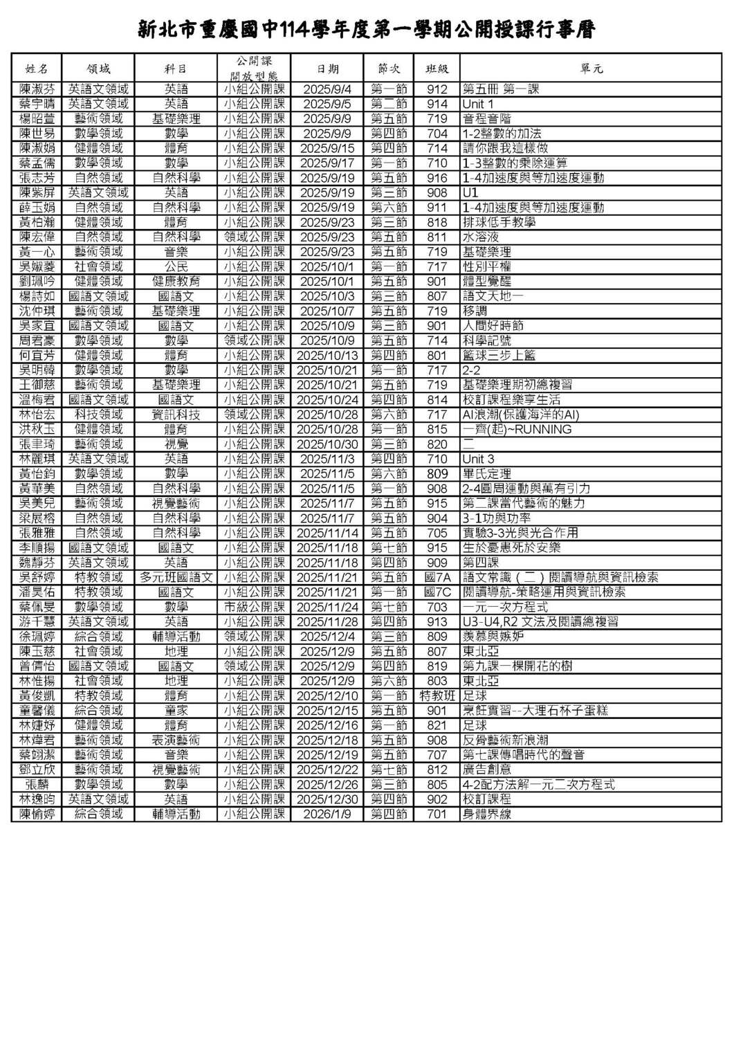 新北市重慶國中114學年度第一學期公開授課行事曆圖片