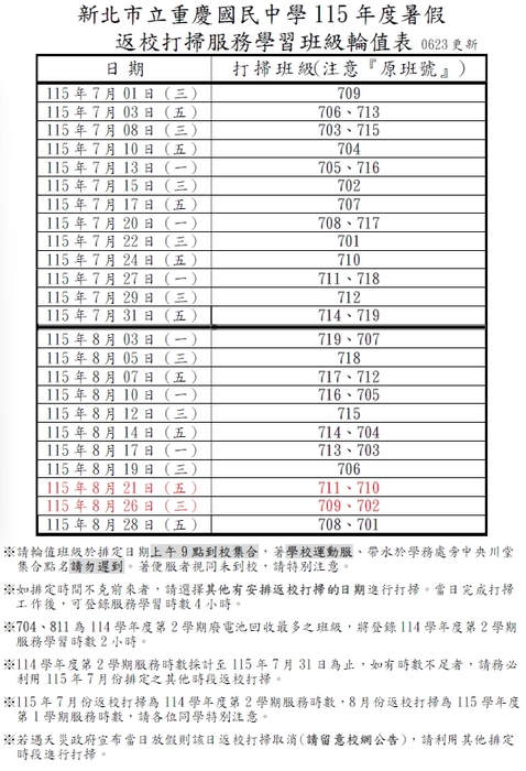 115年度暑假返校打掃服務學習班級輪值表0623更新