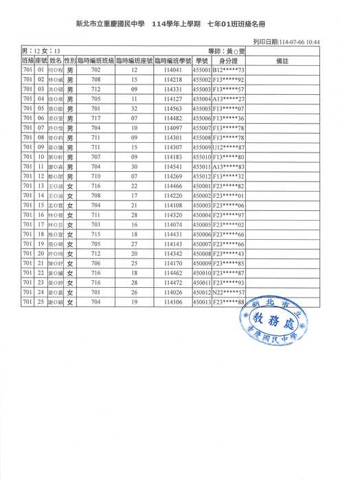 新北市立重慶國民中學114學年度新生編班及導師編配抽籤結果(校服繡學號時，請注意學號欄位，非臨時班學號)圖片
