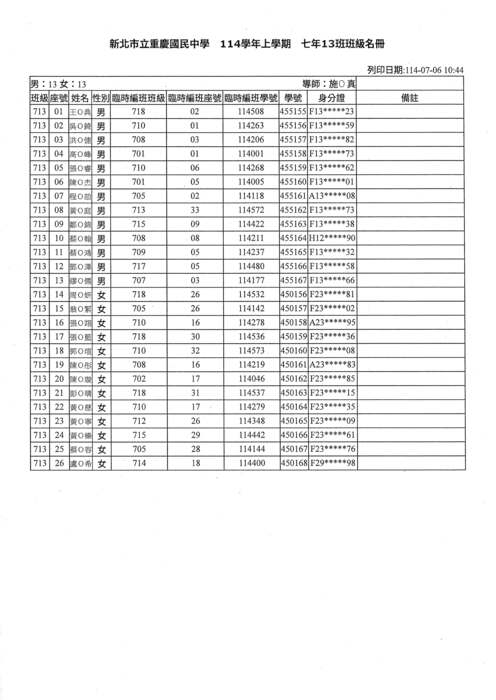 新北市立重慶國民中學114學年度新生編班及導師編配抽籤結果(114/07/18新增704、714、717導師姓名)圖片